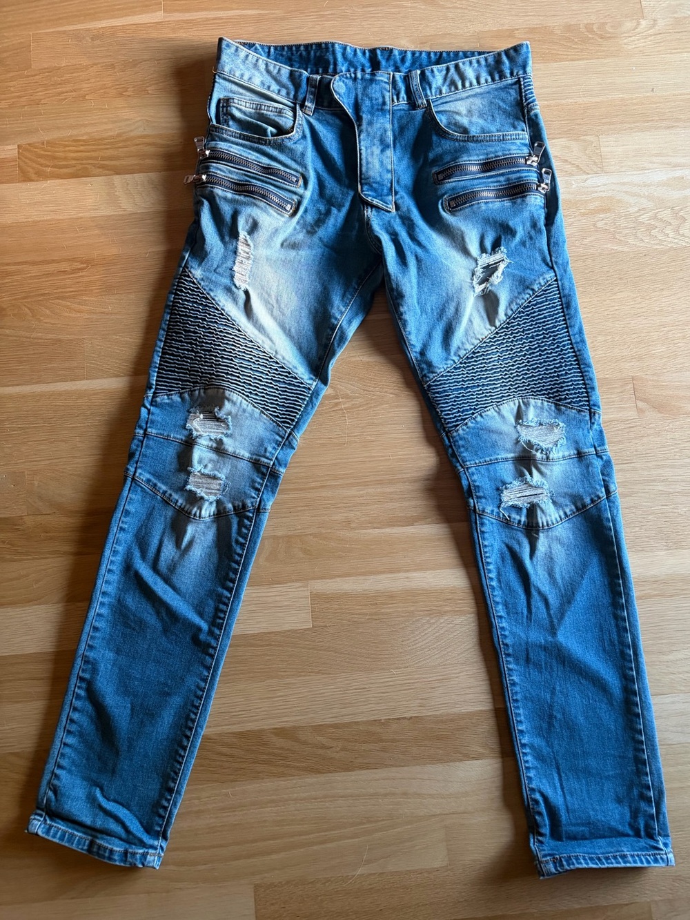 Balmain Distressed Blue Skinny Biker Jeans with Zip Accents